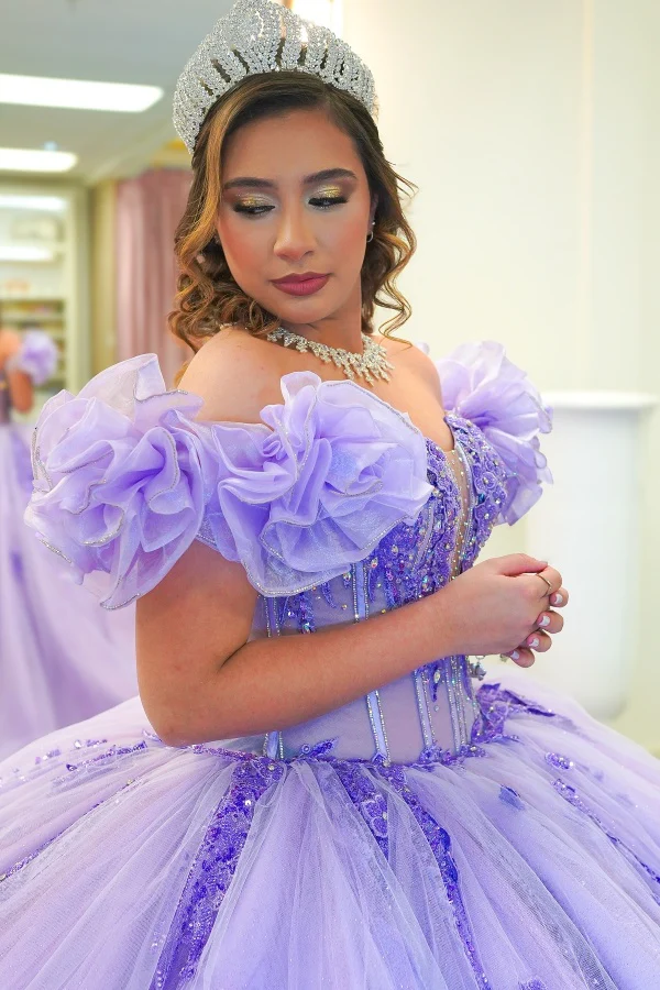 Off Shoulder Sleeveless Ruffles Beaded Appliques Lilac Sweet 16 Quinceañera Dress