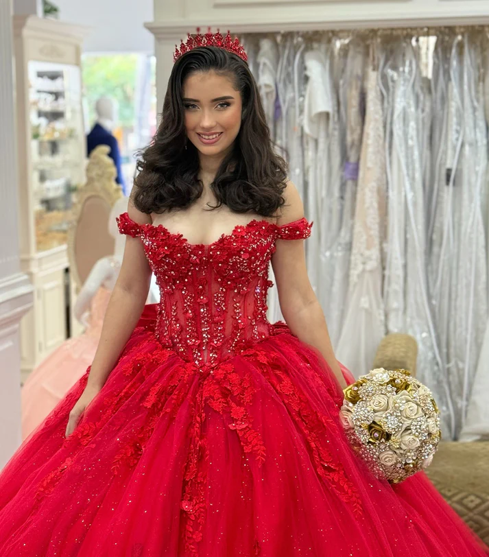Off Shoulder Tulle 3D Flowers Corset Red Quinceanera Dresses for Sweet 16 Birthday