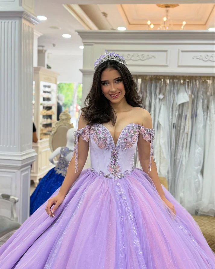 Off Shoulder Tulle Appliqued Beaded Lilac Quinceanera Dresses for Sweet 16