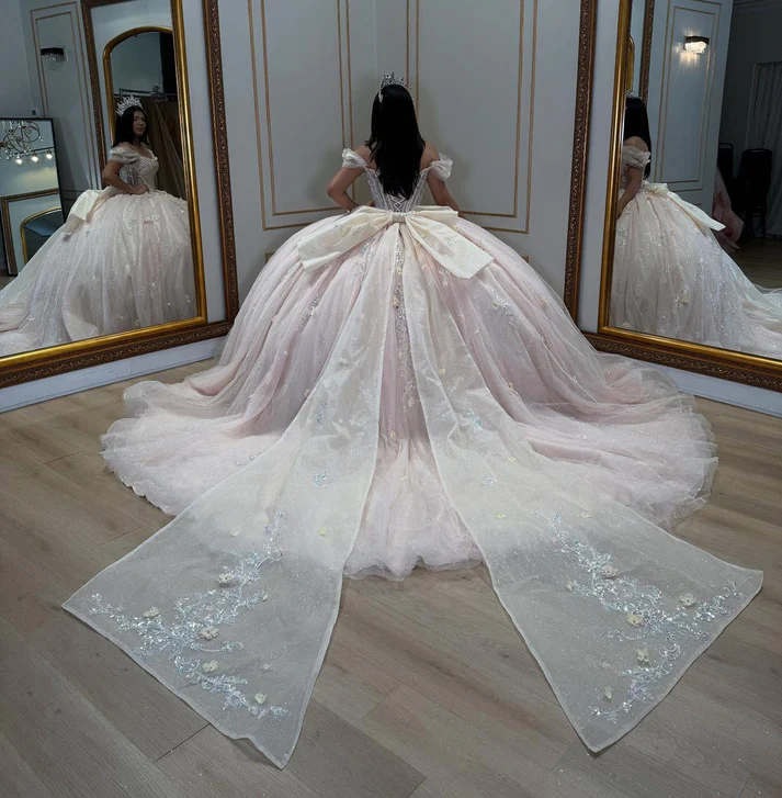 Pink Ball Gown Tulle Appliqued Beaded Off Shoulder Quinceanera Dresses