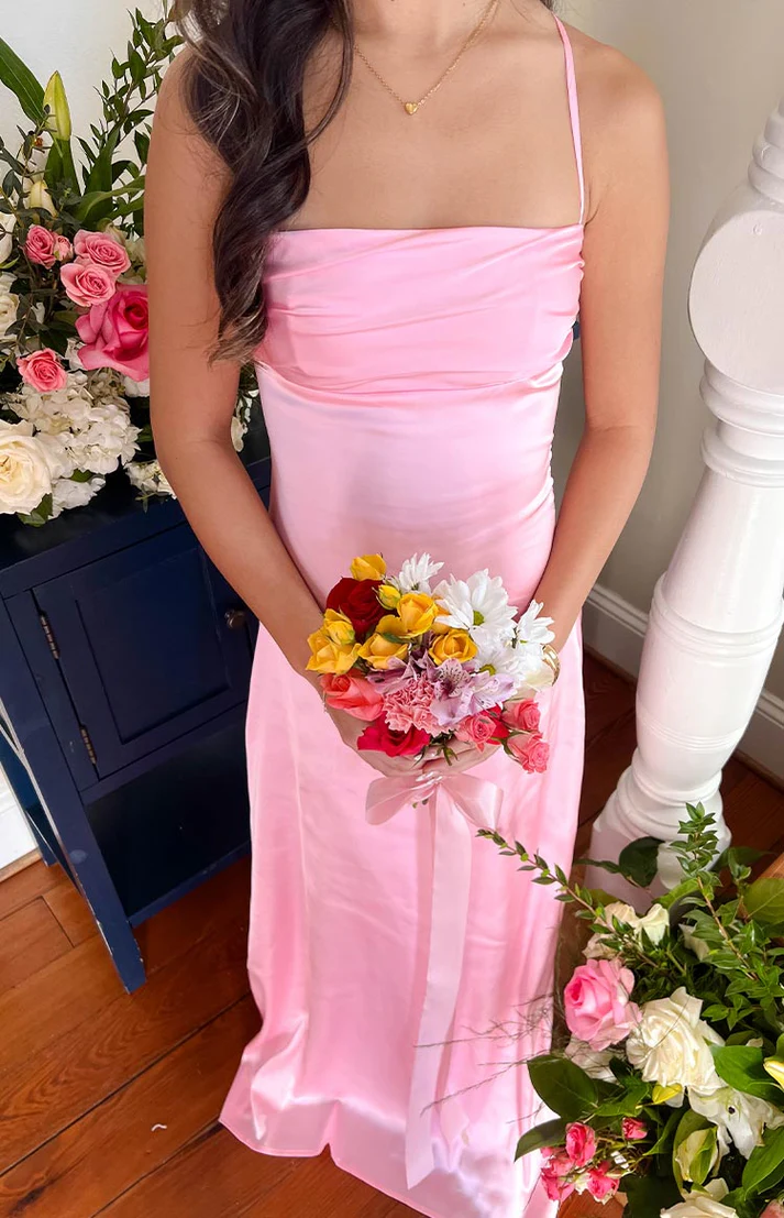 Pink Satin Maxi Prom Dress