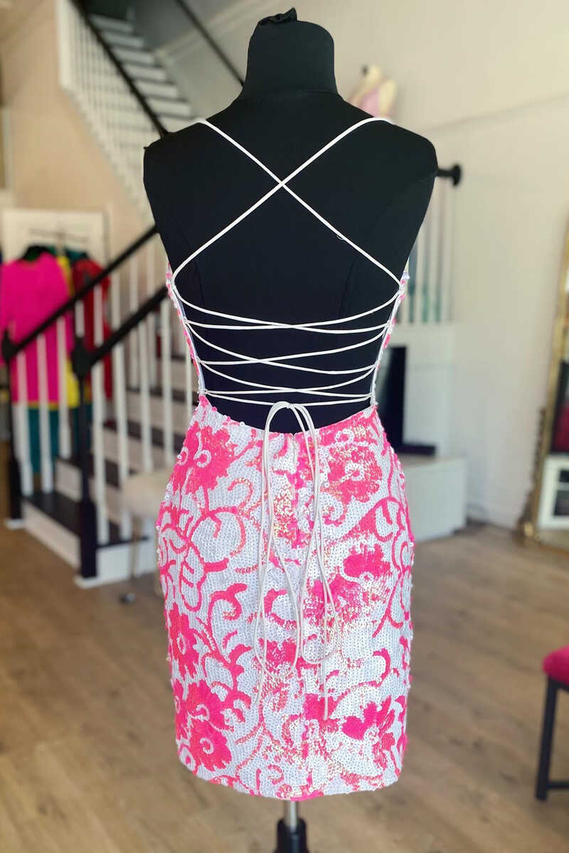 Pink V Neck Sequins Bodycon Short Homecoming Dresses Mini Cocktail Dress