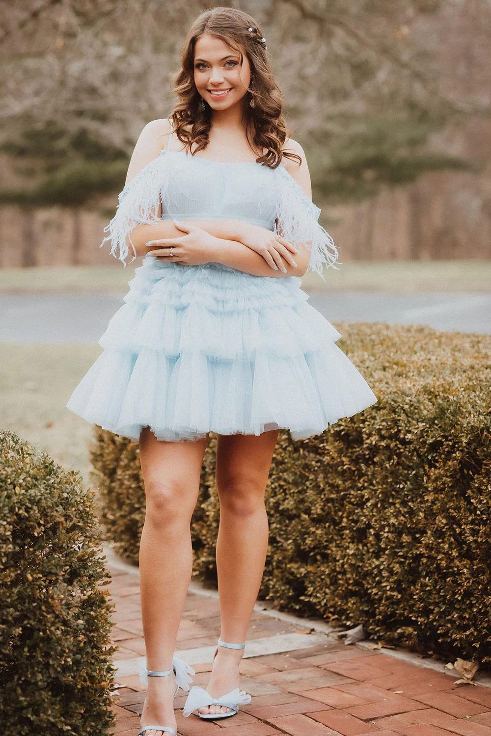 Pretty A-Line Cold Shoulder Lavender Tulle Short Homecoming Dresses with Feather