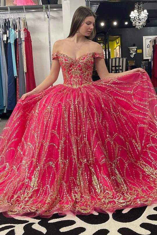 Princess Off-the-Shoulder Red Sequin Lace Ball Gown