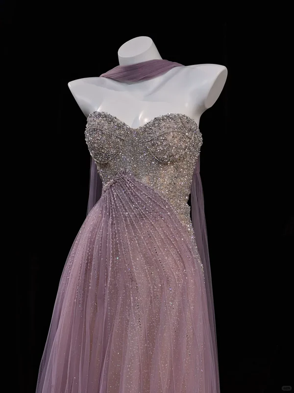 Purple A Line Sweetheart Neck Exquisite Beaded Tulle Long Prom Dress