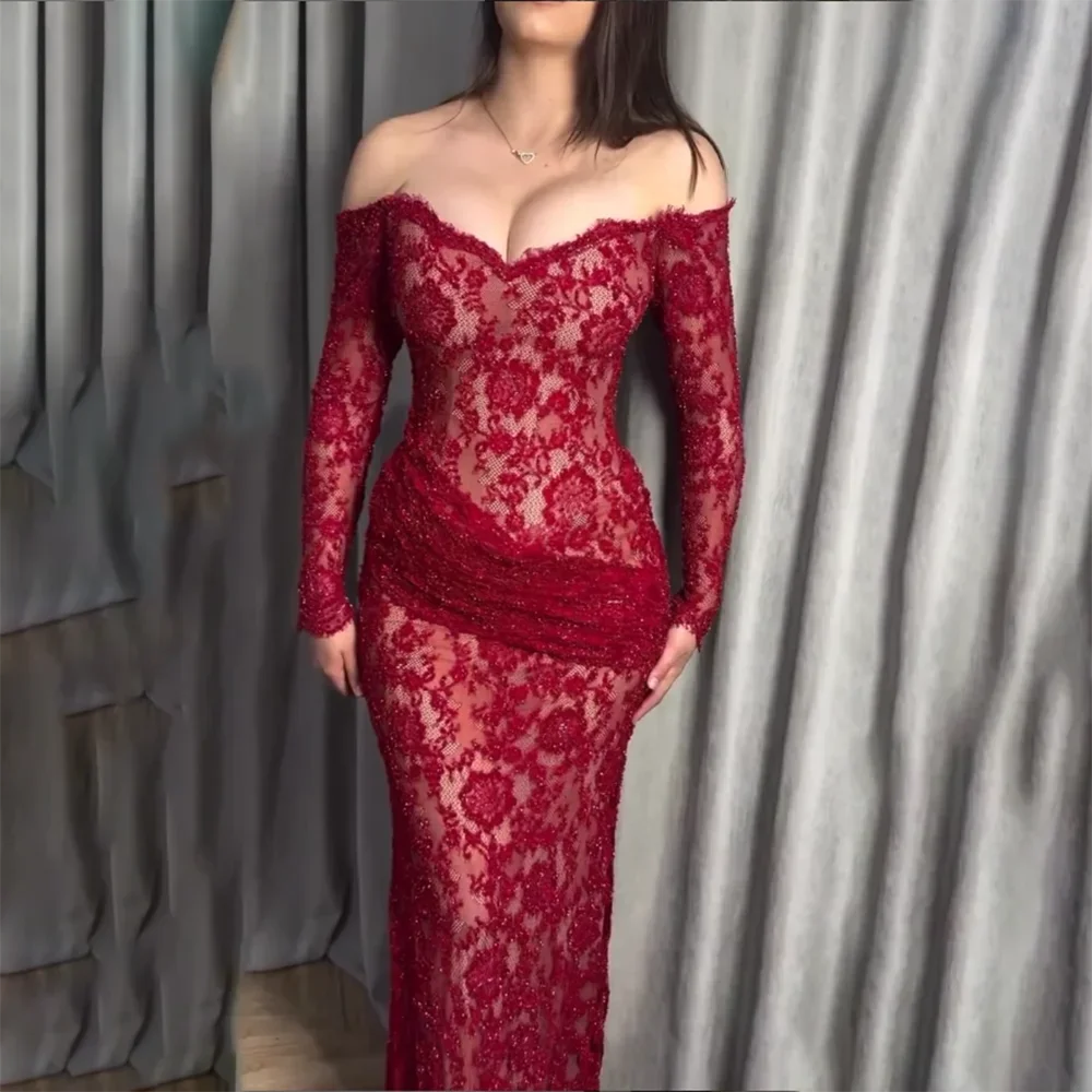 Red Mermaid Evening Dress for Women Sweetheart Neck Long Sleeves Lace Pleated Evening Gowns Floor Length Party Dress Customized