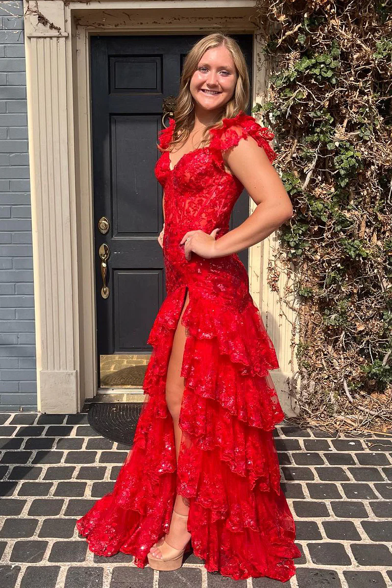 Red Sweetheart Tiered Sequin Tulle Mermaid Long Prom Dresses