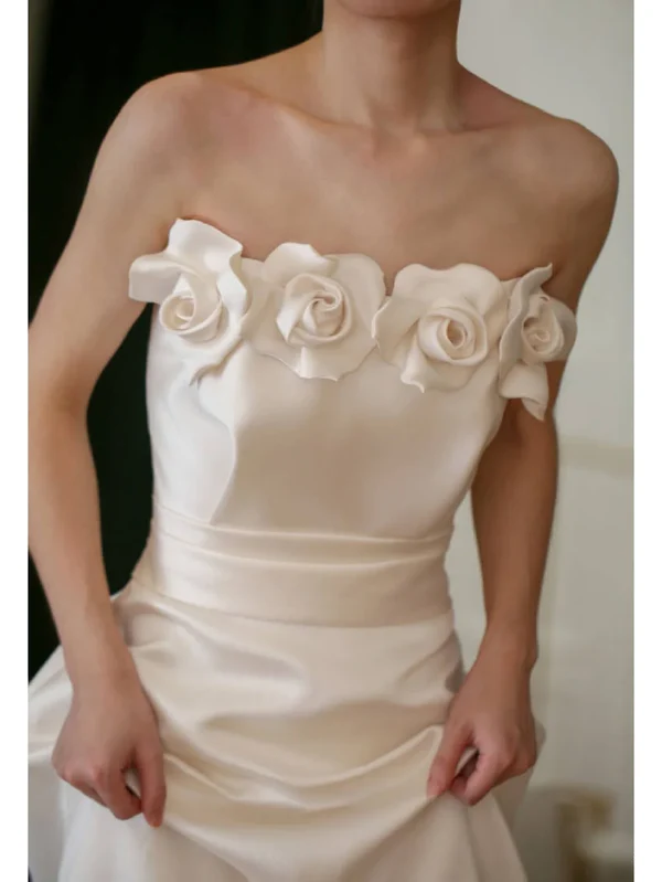Romantic Camellia A Line Strapless White Satin Wedding Dress
