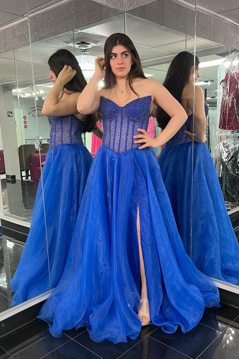 Royal Blue Strapless Organza Long Prom Dresses with Beading