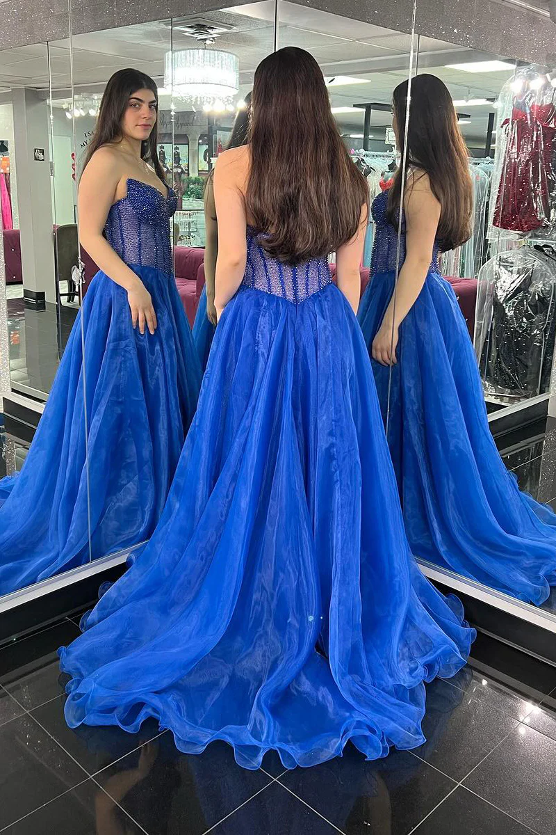 Royal Blue Strapless Organza Long Prom Dresses with Beading