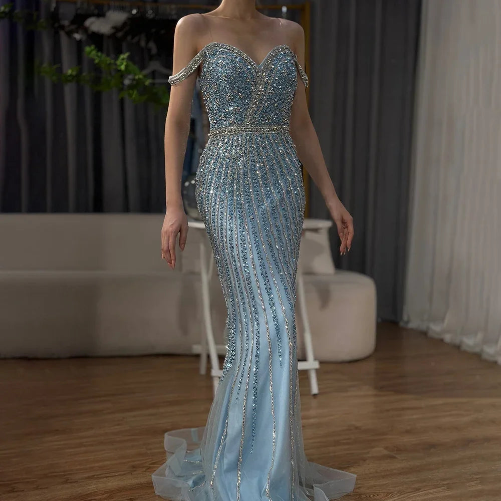 2025 Blue Prom Mermaid Gown Beaded Luxury Saudi Evening Dress for Formal Occasion Customize
