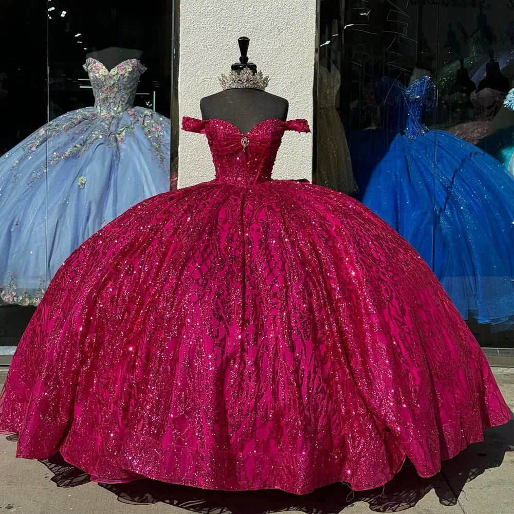 Quinceanera Dress Off The Shoulder Crystal Beads Corset Ball Gown Sweet 16 Dress Vestidos De XV Anos