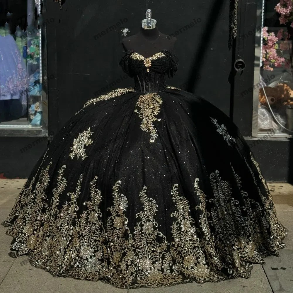 Black Gold Sequined Appliques Prom Party Dress