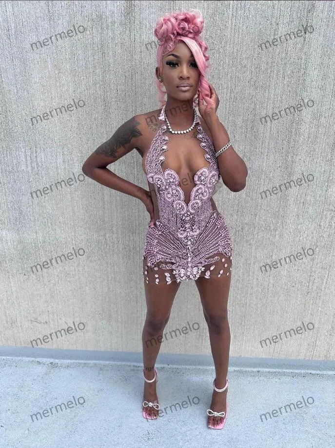 Pink Sparkly Short Prom Homecoming Dress Luxury Diamond Crystal Sheer Mesh Black Girl
