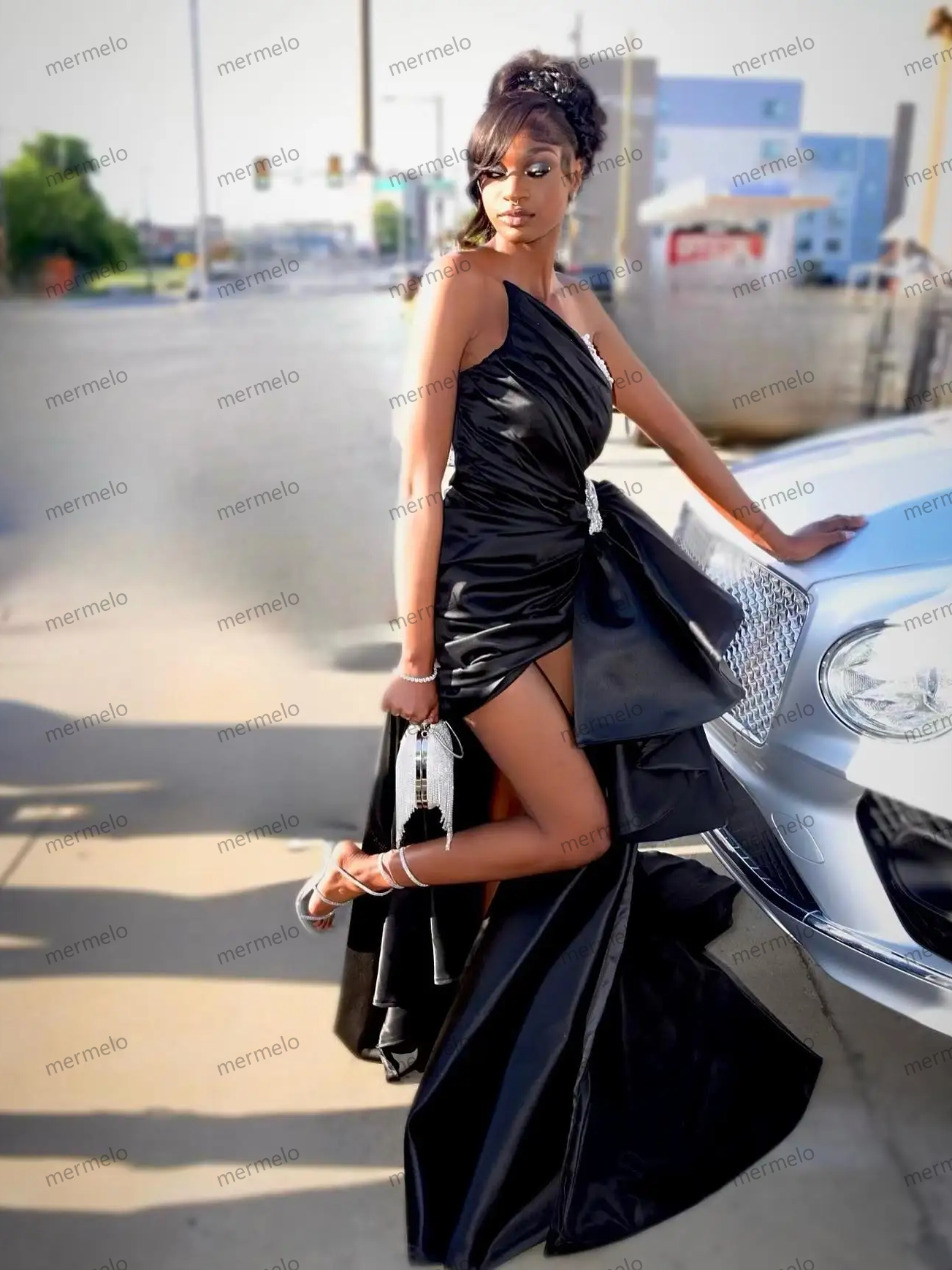 Black Asymmetrical Long Satin Evening Dresses With Detachable Train Sexy African Party Dress Maxi Gowns