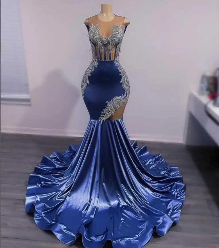 Royal Blue Shiny Mermaid Prom Gala Dresses Sparkly Diamond Sheer Mesh Customsized Black Girl Evening Birthday Party Gown