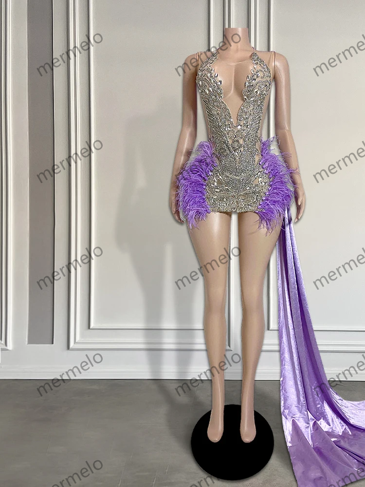 Sexy See Through Beaded Black Girls Purple Feather Birthday Dresses