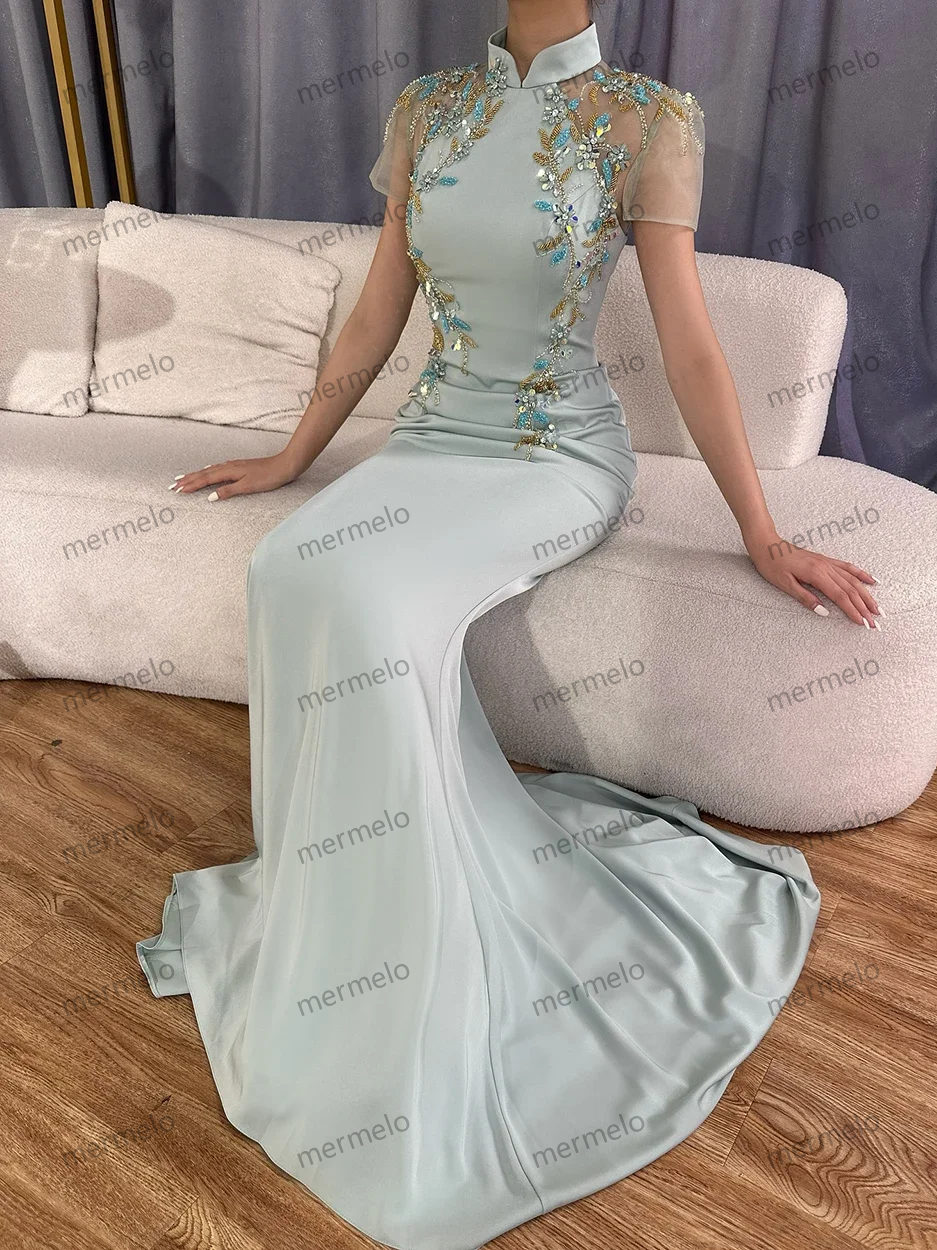 Customized 2025 Saudi Mint Mermaid Beaded Satin Evening Dress Gown with Corset for Formal Occasion