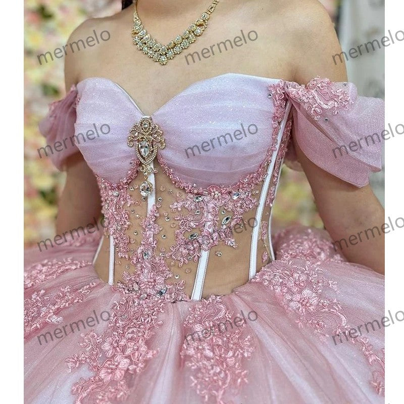 Glittering Pink Quinceanera Dress Crystal Beading Lace