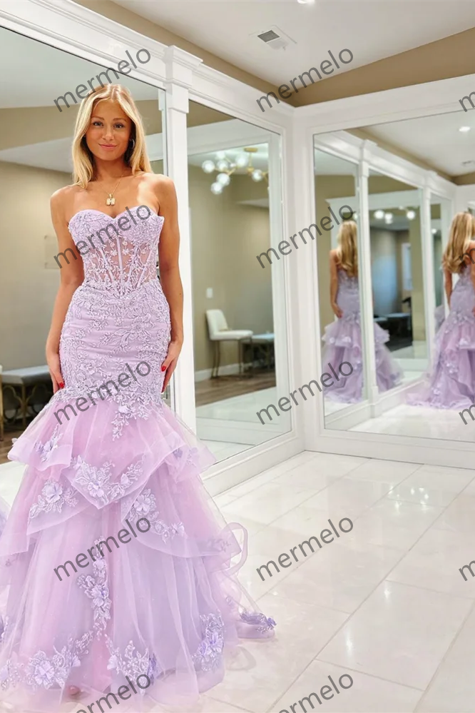 Strapless Mermaid Princess Lavender Lace Prom Dress