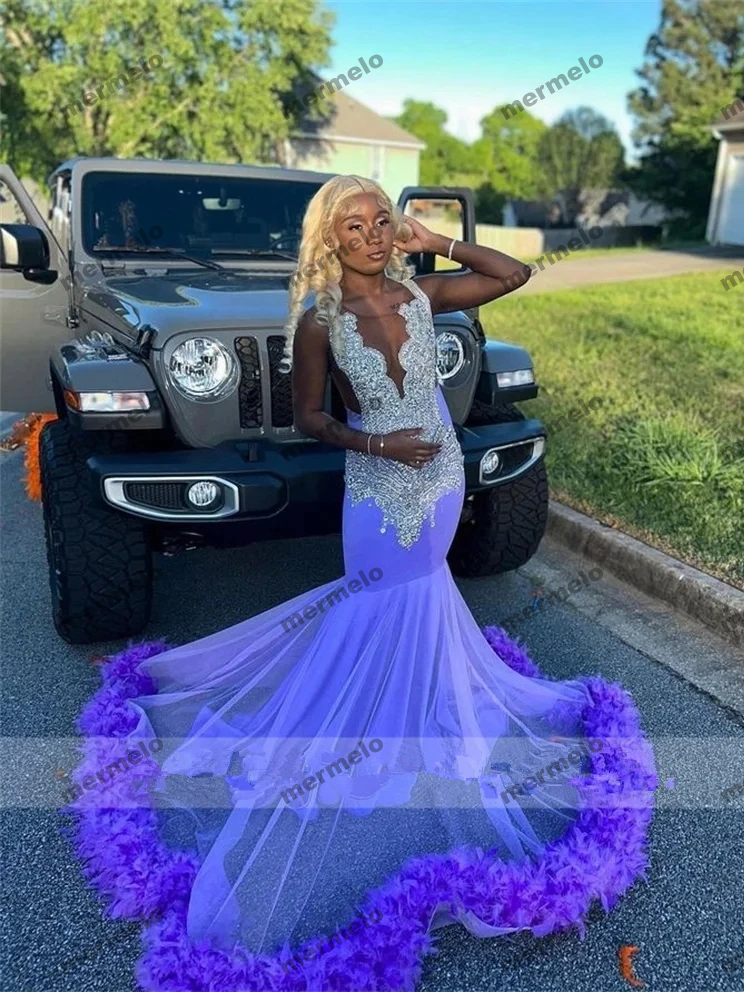 Purple Prom Dresses For Black Girls Diamond Beading Rhinestones Feathers Long Birthday Party Gown