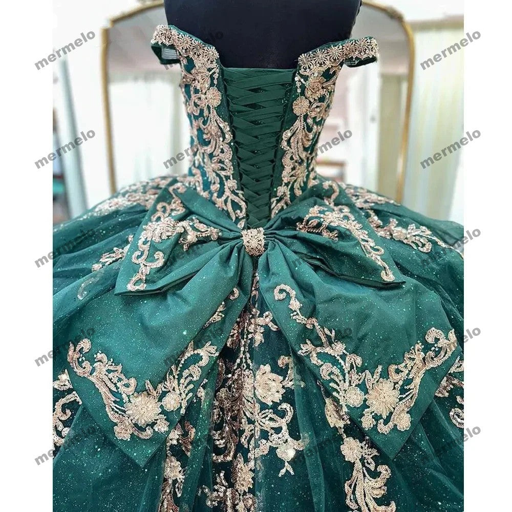Emerald Green Ball Gown Quinceanera Dresses Gold Appliques Off Shoulder