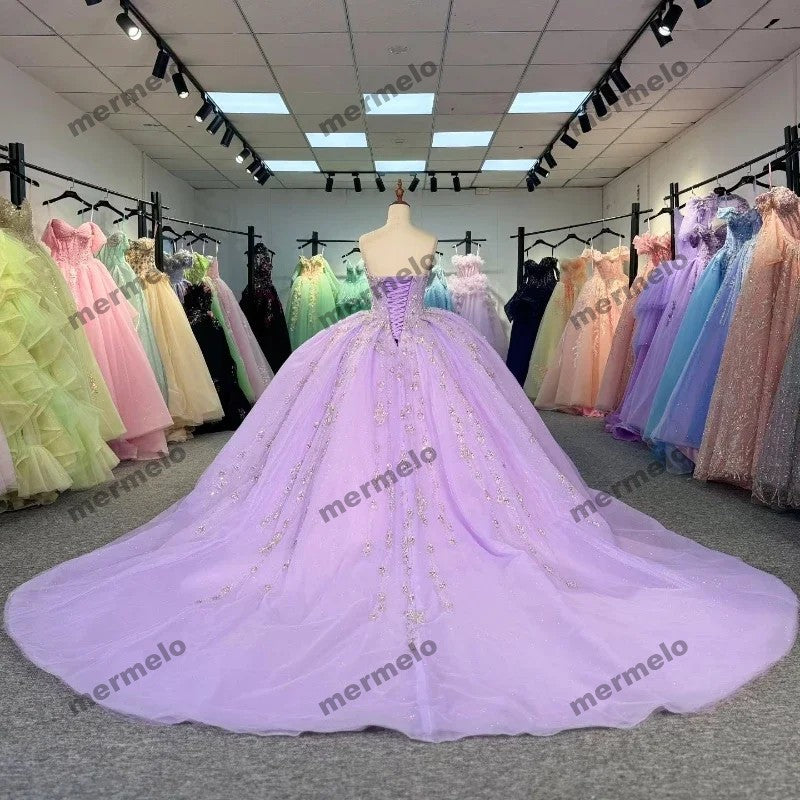 Lilac Sweet 16 Ball Gown Quinnceanera Dresses Sparkly Tulle Beading