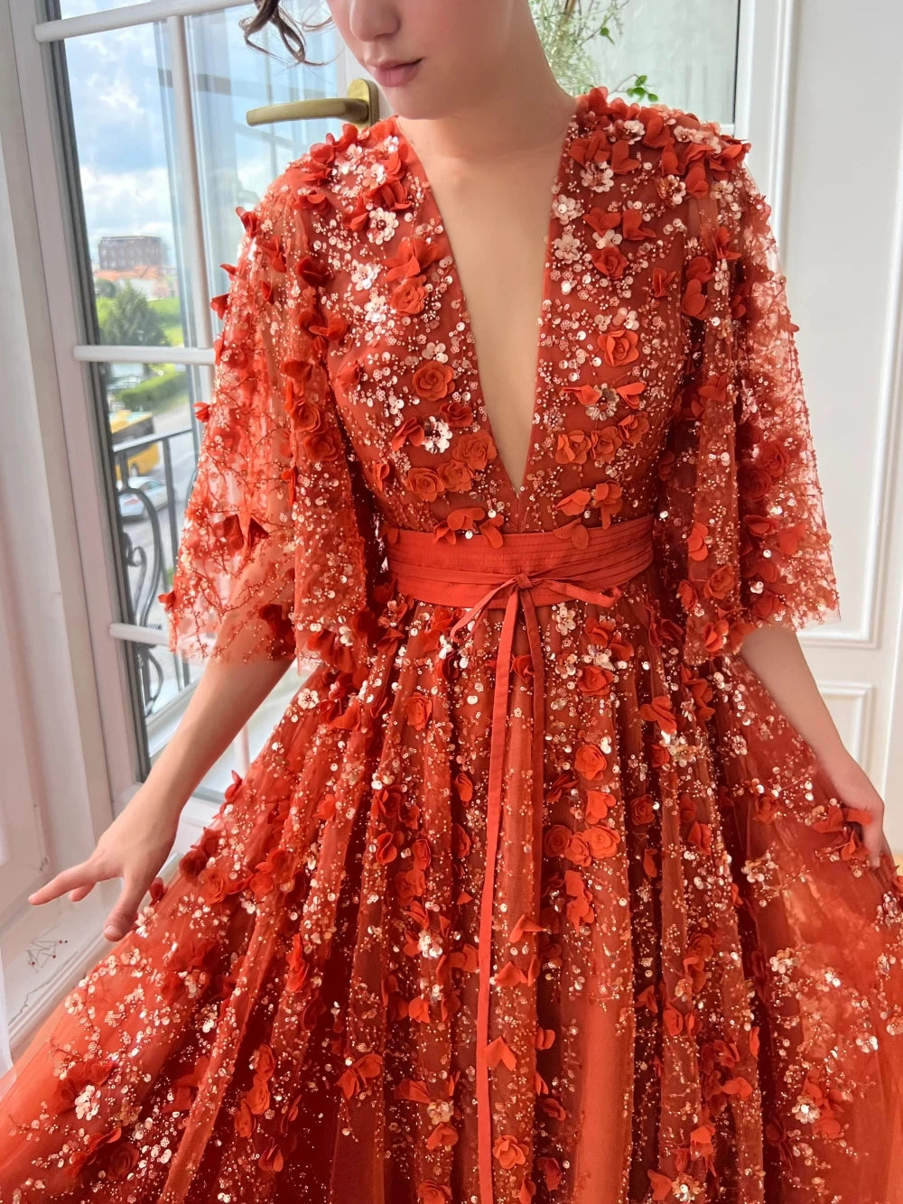 Glitter A Line Evening Dress Charming Appliques Beading Cocktail Half Sleeves Customized Luxurious Party Birthday Prom Gown