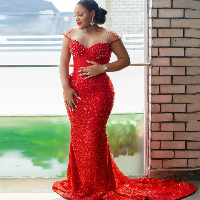 Red Sequin Mermaid Evening Dresses Crystals Aso Ebi Birthday Party Gown for Women Sheer Neck Cap Sleeve Vestidos De Noche