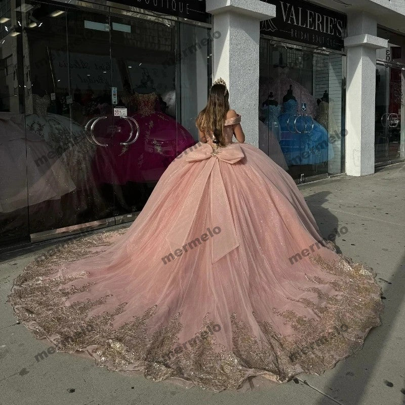 Pink Shiny Quinceanera Dresses Gold Lace Appliqued Crystal Off the Shoulder