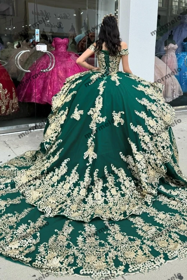 Dark Green Quinceanera Dress Ball Gown Gold Lace Applique Beading Mexican Corset Sweet 16
