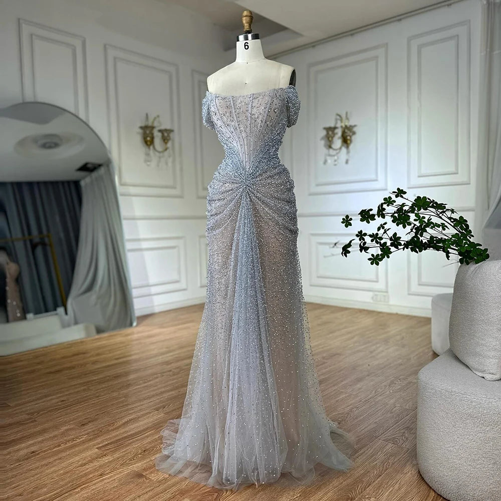 Silver Nude Off Shoulder Beaded Tulle Mermaid Evening Dresses Elegant Formal Gown