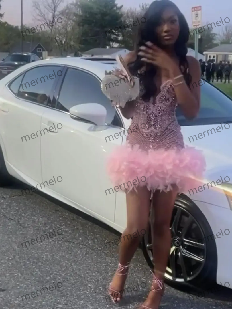Pink Short Prom Dress For Black Girls Beaded Crystal Birthday Party Gowns Feathers