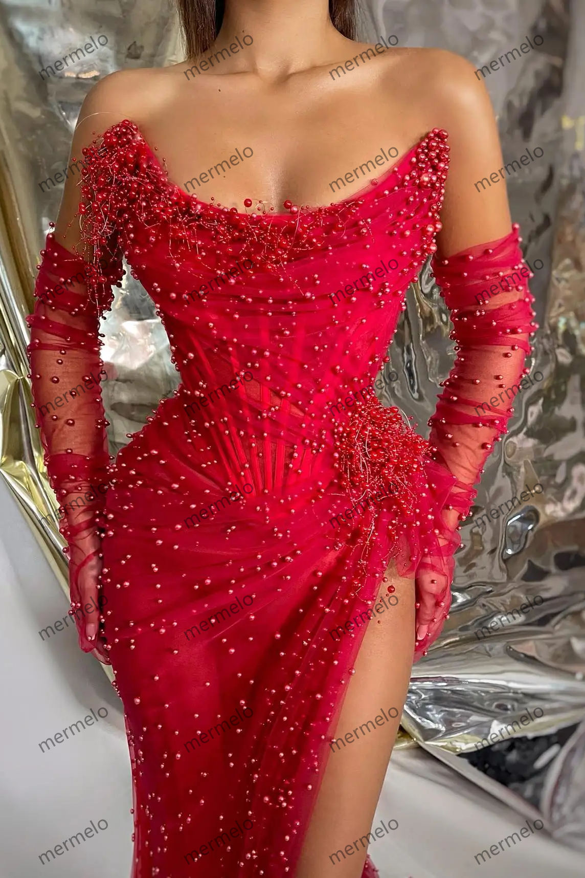 Red Luxury Prom Dresses with Detachable Sleeves Gloves