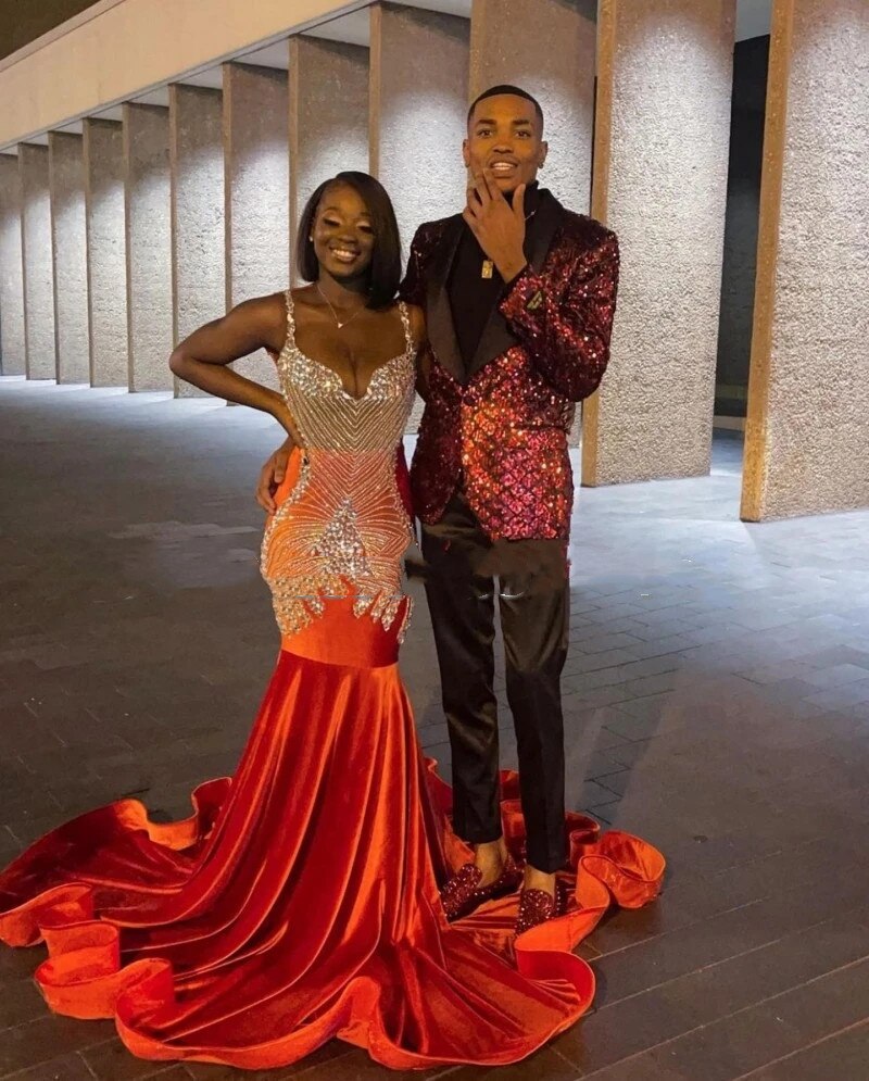 Sparkly Beaded Mermaid Prom Dresses For Black Girls Orange Velvet Plus Size Formal Birthday Party Evening Occasion Gowns Ve