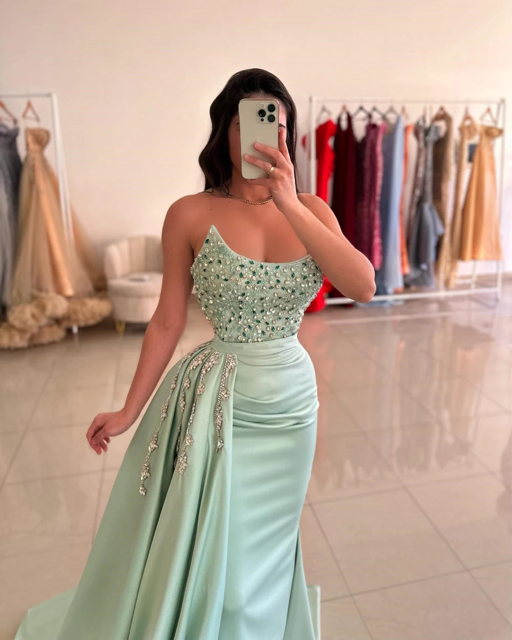 Strapless Satin Crystal Evening Dresses Mermaid Pleat Luxury Beading Sequin Formal Wedding Party Prom Gowns Vestido Customized
