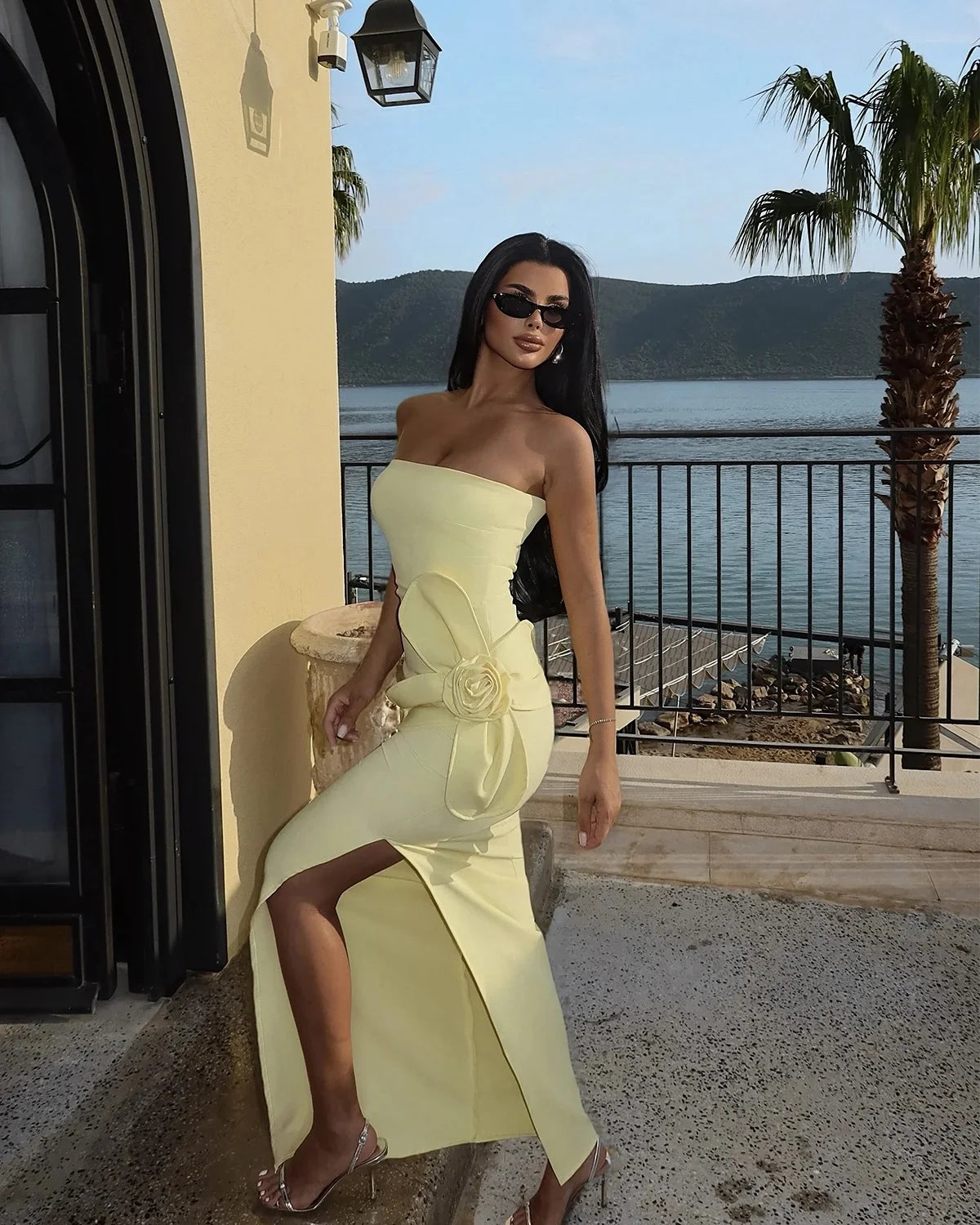 customized Prom Dresses Sheath Muslim Yellow Slit Evening Dress Floor Length Beads Robe De Soiree Formal Party Dress