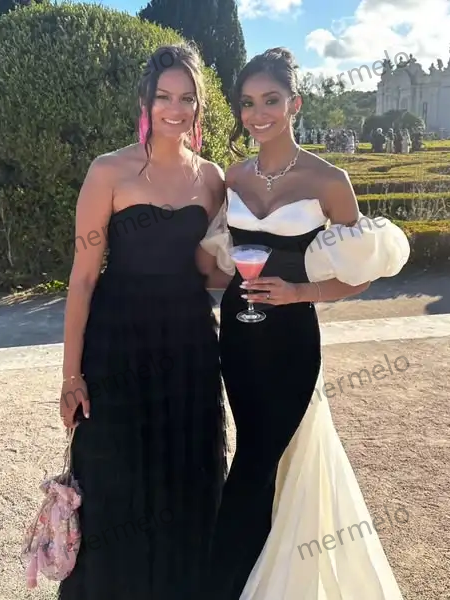 Elegant Black And White Mermaid Evening Dresses With Detachable Puff Sleeves Contrast Colored Long Evening Gowns With Train