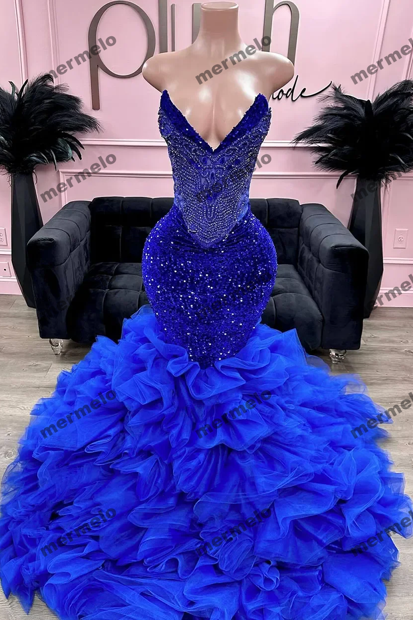 Sparkly Mermaid Prom Dresses Ruffles Skirt Evening Dress For Occasion Woman Sequin Black Girls Party Gowns
