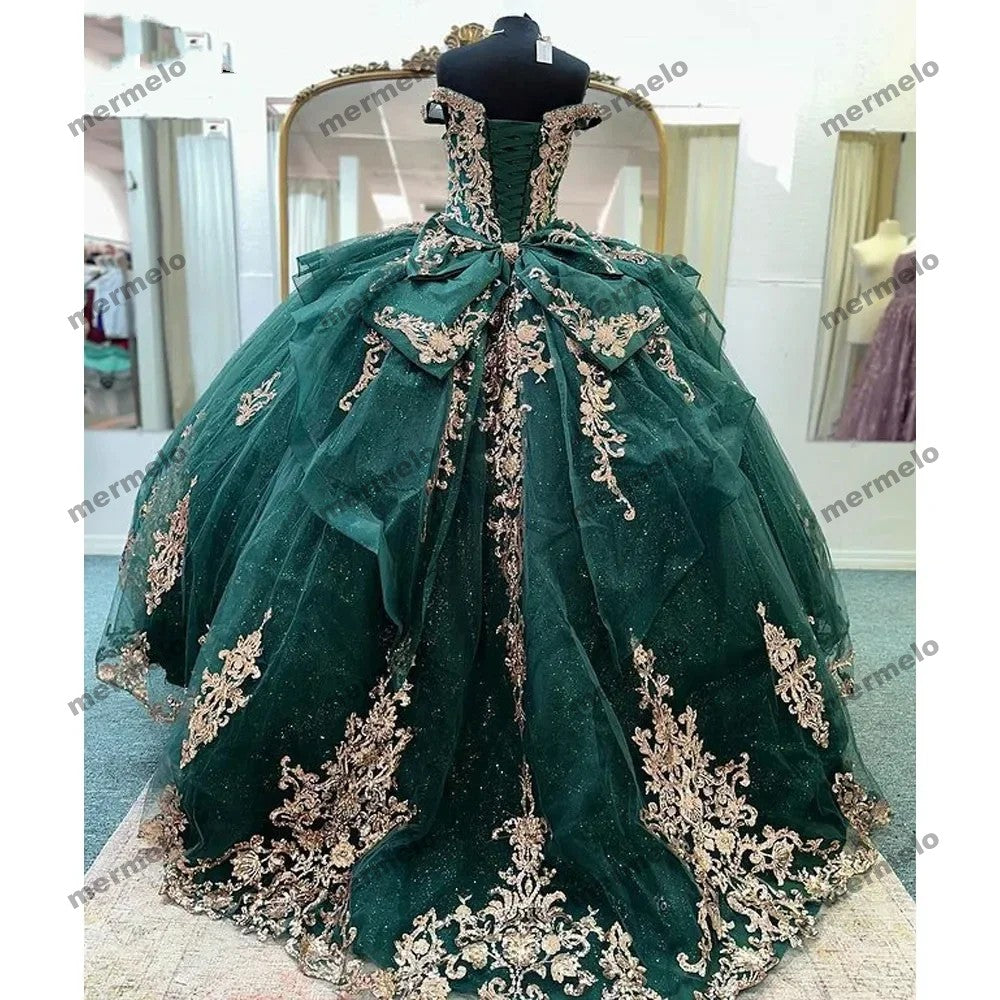 Emerald Green Ball Gown Quinceanera Dresses Gold Appliques Off Shoulder