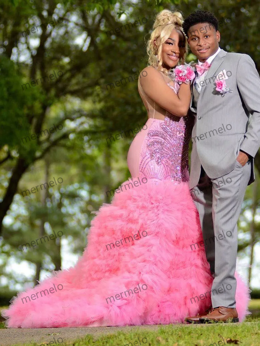 Pink V-Neck Paillette Layered Tulle Draped Pleat Crystal Open Back Prom Dress