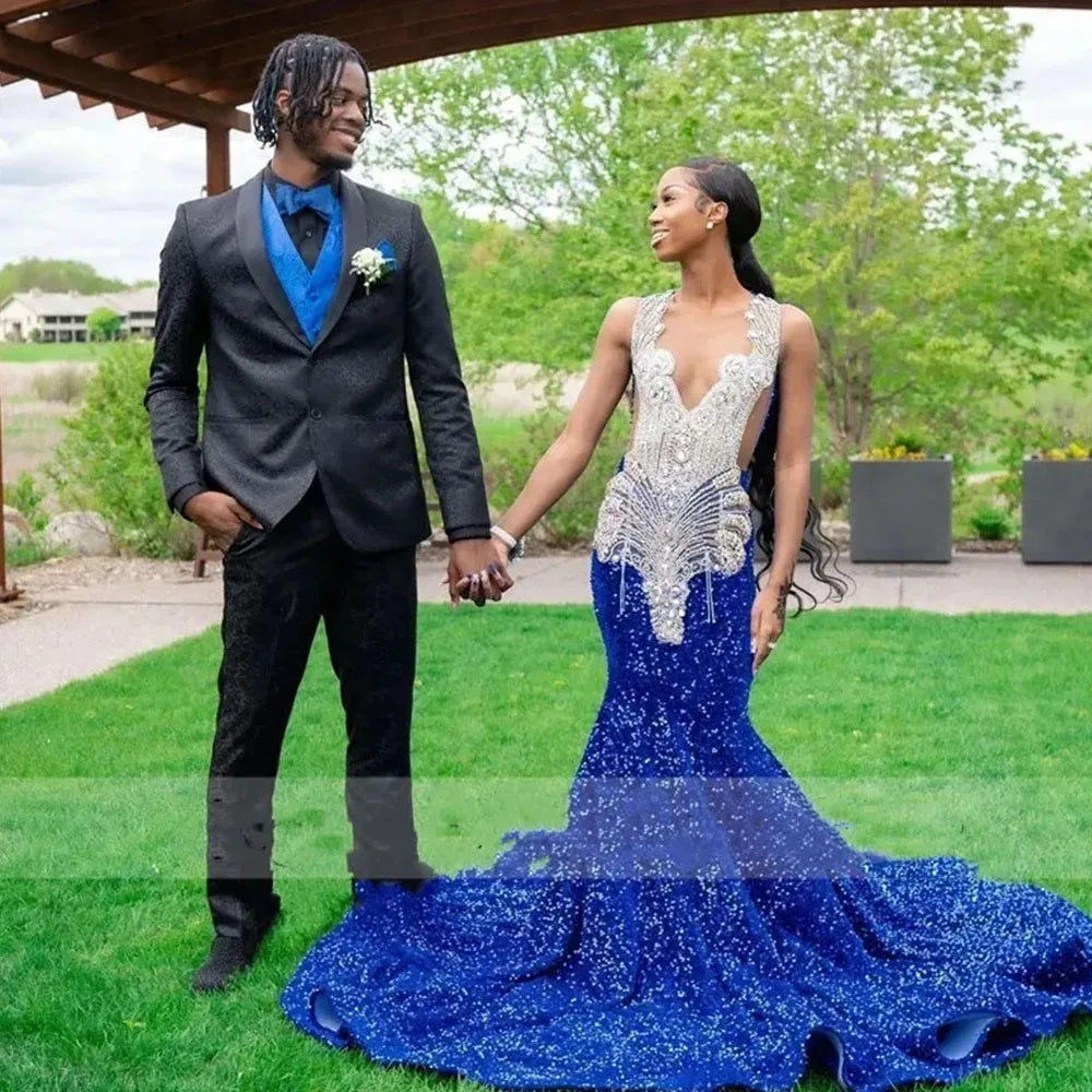 Customized Blue Mermaid Prom Dress For Black Girls Luxury Gold Lace Appliques Sleeveless Brush Train Party Gowns robe de mariée