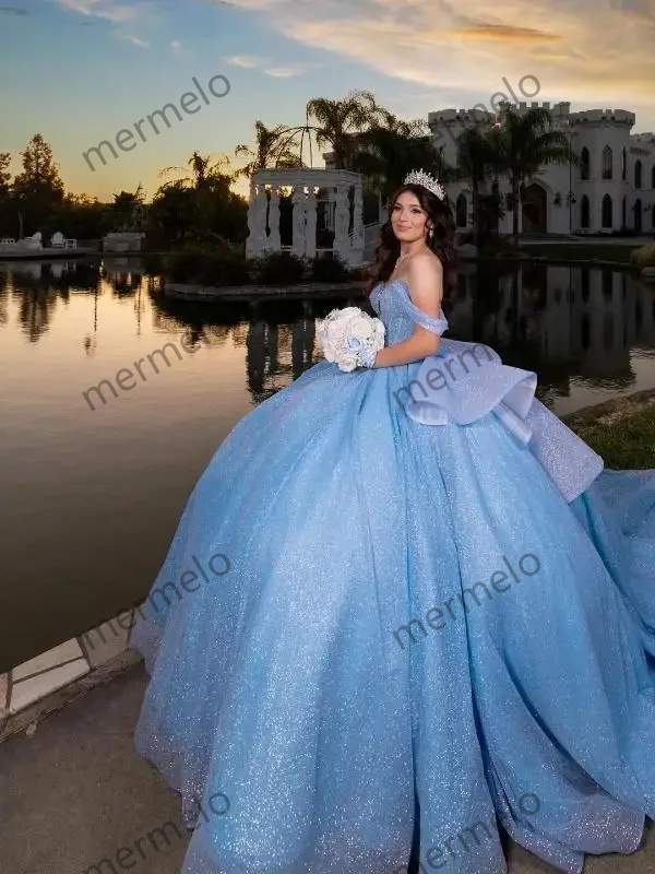 SKy Blue Quinceanera Dress Off Shoulder Crystal Beading Sequined