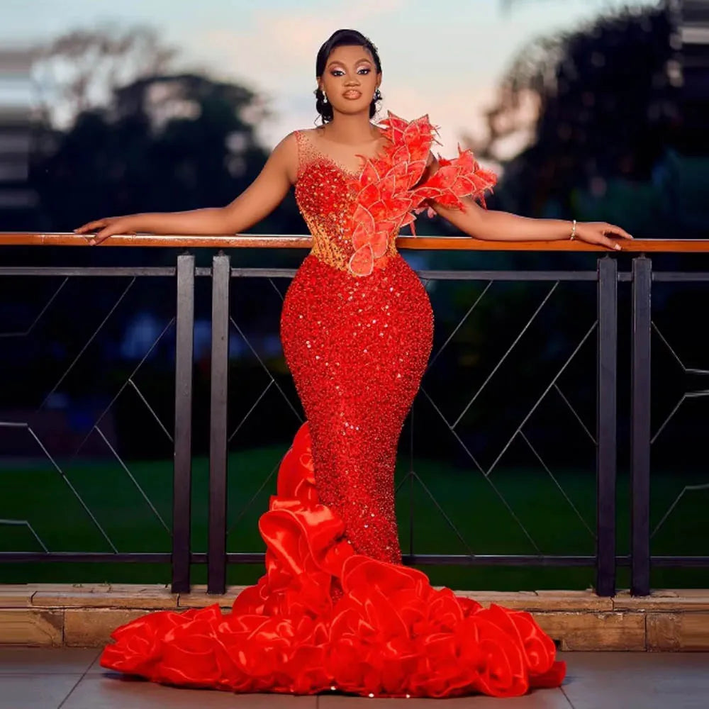 Aso Ebi Red Mermaid Prom Dresses Sleeveless Beads Sequins Appliques Plus Size Wedding Party Gowns Formal Evening Dress