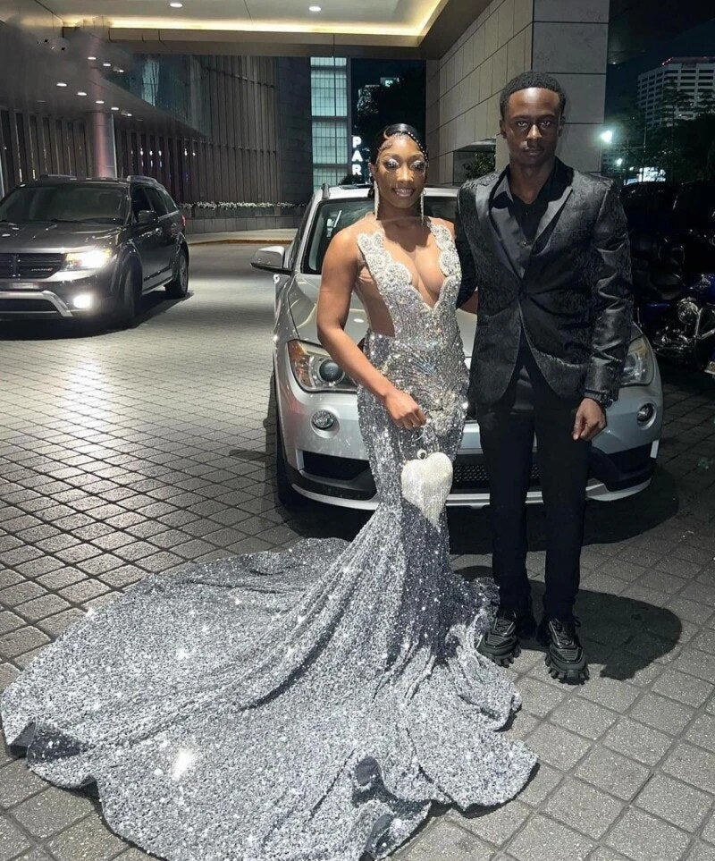 Sparkly Sliver Prom Mermaid Party Dresses Beading African Black Girls Evening Occasion Gowns Vestidos De Graduación