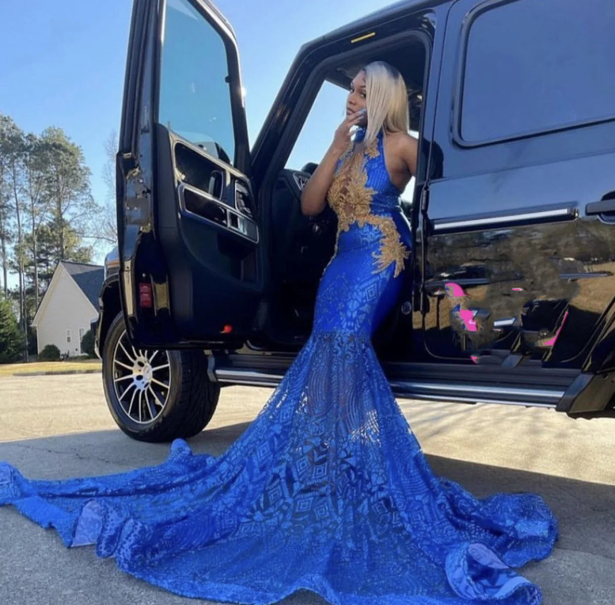 Sparkly Royal Blue Sequin Prom Dress Black Girls Luxury Mermaid Golden Bead Appliques Evening Party Gala Graduation Gown