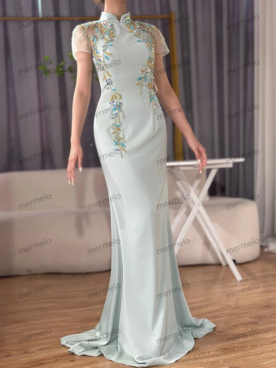 Customized 2025 Saudi Mint Mermaid Beaded Satin Evening Dress Gown with Corset for Formal Occasion
