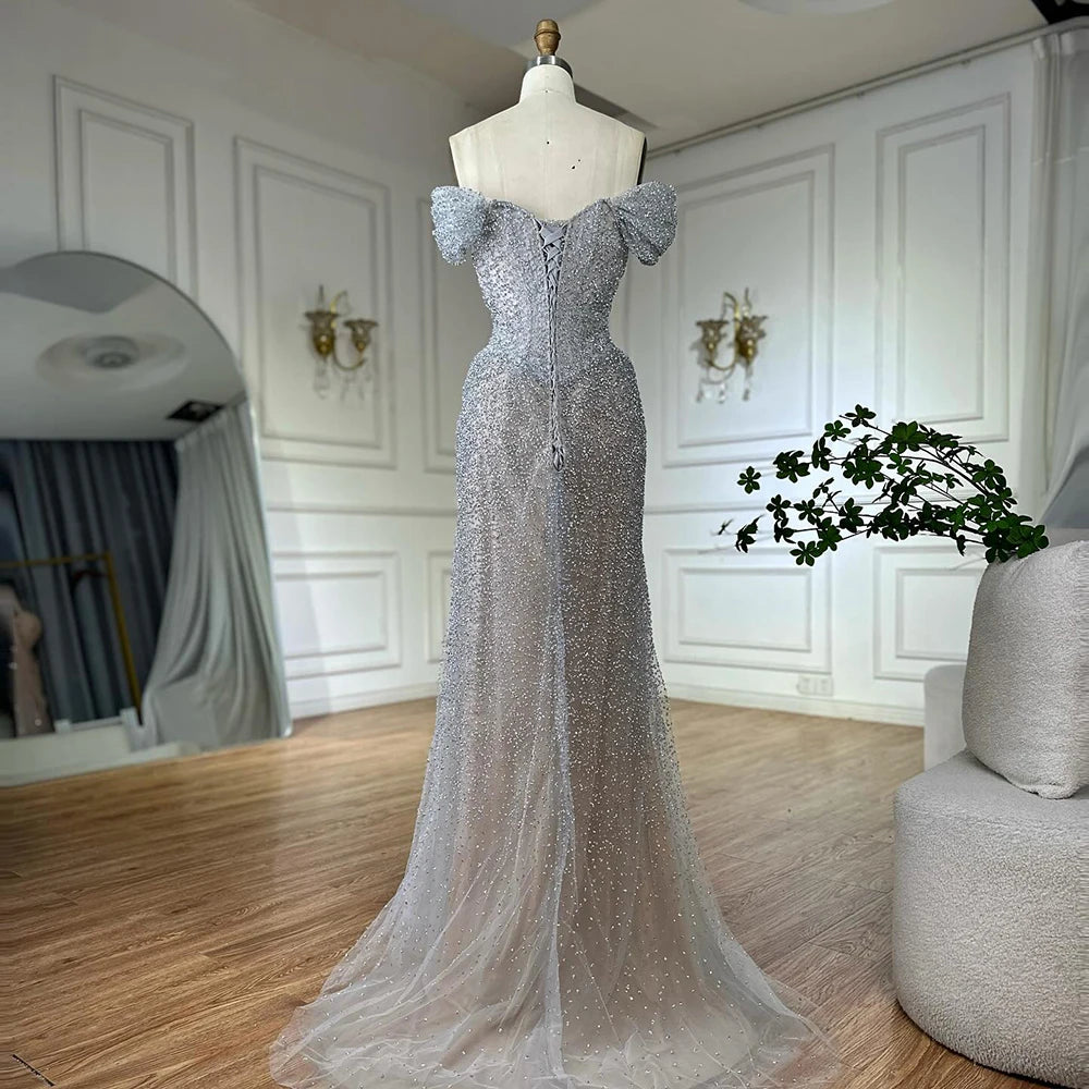 Silver Nude Off Shoulder Beaded Tulle Mermaid Evening Dresses Elegant Formal Gown