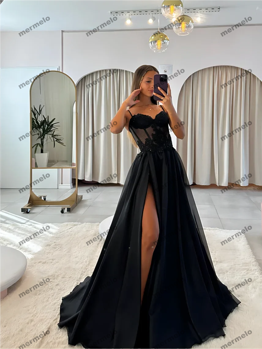 Tulle Evening Dress Sexy Black V-Neck StrapLlace Applique Party Dress A-line High Side Slit Formal Occasion Prom Gown