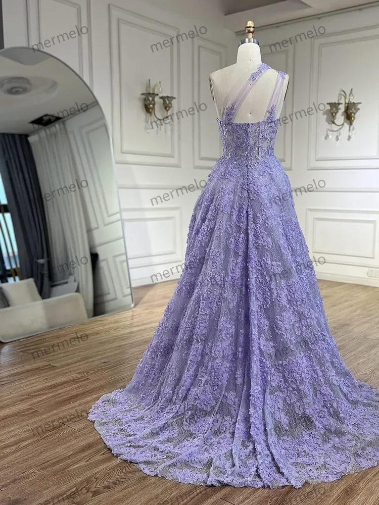 Arabic Lilac One-Shoulder A-Line Lace Appliques Luxury Prom Dress for Women's Party